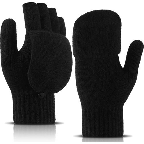 Women's Convertible Gloves, Fingerless Mittens Knitted Half Finger Gloves With Folding Lid For Women, Men, Cold Weather Black, 18 X 12 Cm/7.08 X 4.73 Inches, Black, Ferrous