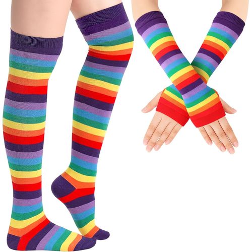 Ladies Girls Striped Long Gloves Striped Socks Striped Fingerless Fingerless High Socks"".[J546]