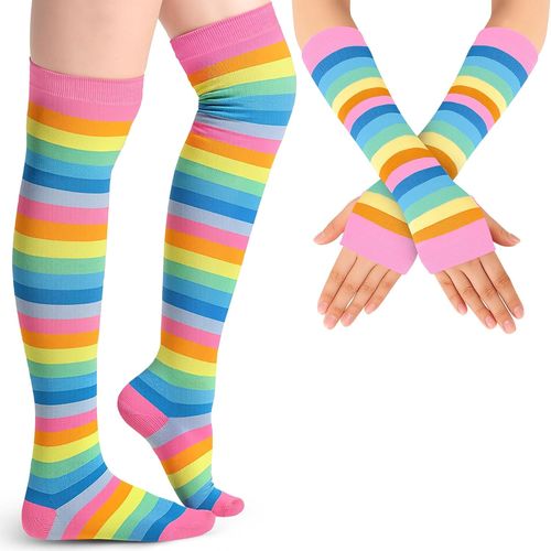 Ladies Girls Striped Long Gloves Striped Socks Striped Fingerless Fingerless High Socks"".[J550]