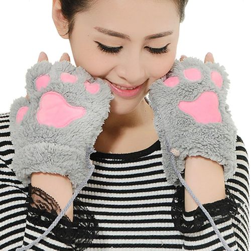 Winter Cat Paw Mittens For Women And Girls - Cute Half Finger Plush Mittens - Warm Fleece In Cartoon Design"".[J457]