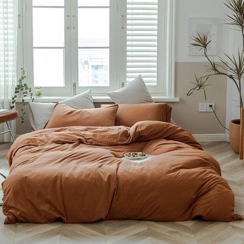 3 Piece Solid Pumpkin Knit Cotton Jersey King Duvet Cover Set,1 Duvet Cover And 2 Pillow Shams King Size