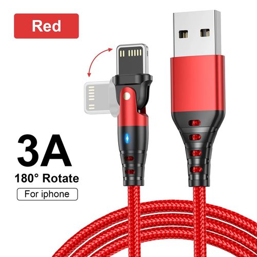 (1m¿Rouge) Câble USB 3A, cordon de données de charge rapide, fil coudé rotatif à 180 degrés pour iPhone 14 Plus 13 Pro 12 11 Mini 8 7 6 XS X XR SE 0.5m 1m 2m