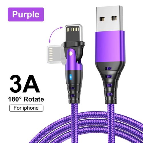(1m¿Violet) Câble USB 3A, cordon de données de charge rapide, fil coudé rotatif à 180 degrés pour iPhone 14 Plus 13 Pro 12 11 Mini 8 7 6 XS X XR SE 0.5m 1m 2m