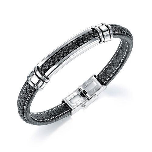Bracelet En Cuir Noir Pour Homme Et Adolescent, Bracelet À Boucle Réglable En Acier Inoxydable Argenté