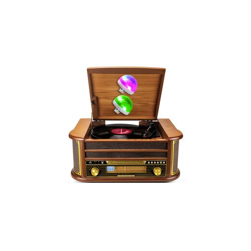 Tourne-Disque Evidence Acoustics - Vinyle 33/45/78, 60W, FM, CD, Cassette, Bluetooth USB, REC, rétro, Bois, 2 Mini Lumières LED