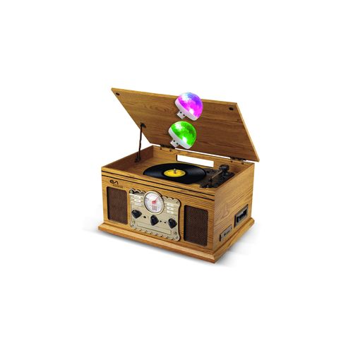 Chaîne Hifi Tourne-Disque EA-PL300-WOOD Vinyle 33/45/78, 60W, FM, CD, Cassette, BT USB REC, rétro Vintage, 2 Mini Lumières LED