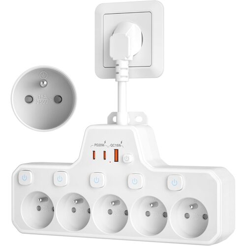 JEXNOVASHOP-Multiprise avec Interrupteur Individuel,Multiprise Electrique 5 Prises Française avec Terre 16A 2P+T,Prise Multiple Murale avec USB C Charge Rapide PD20W,Bloc Rallonge Parafoudre Câble Co