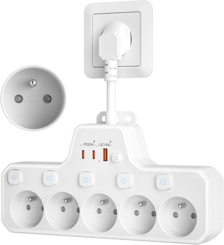 JGD-Multiprise avec Interrupteur Individuel,Multiprise Electrique 5 Prises Française avec Terre 16A 2P+T,Prise Multiple Murale avec USB C Charge Rapide PD20W,Bloc Rallonge Parafoudre Câble Court,Blan
