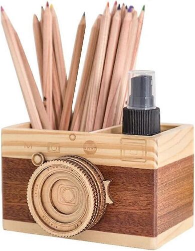 Pot À Crayons Décoratif Bois - Forme Appareil Photo - Rangement Bureau Et Maquillage - Cadeau