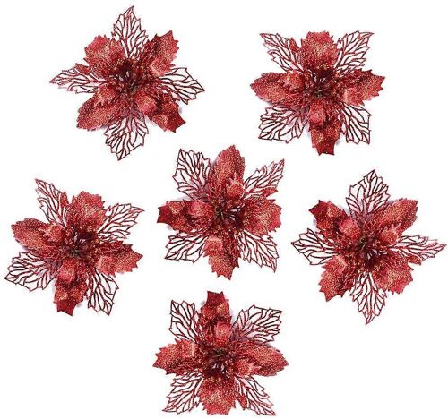 Fleurs artificielles scintillantes Noël - Lot de 6 rouge - Décoration sapin - Paillettes