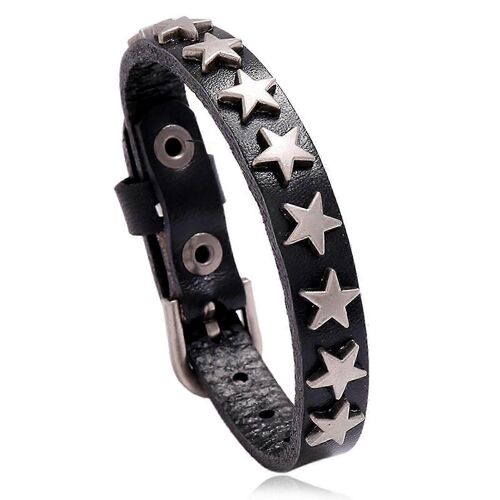 Bracelet Manchette En Cuir Vintage Avec Étoiles Cloutées - Style Gothique Et Punk - Réglable - Marron Clair
