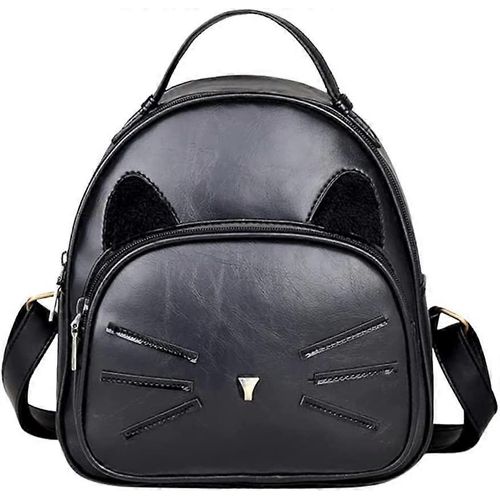 Sac à dos moustaches chat - Cuir PU rétro - Femme voyage - Portefeuille inclus noir