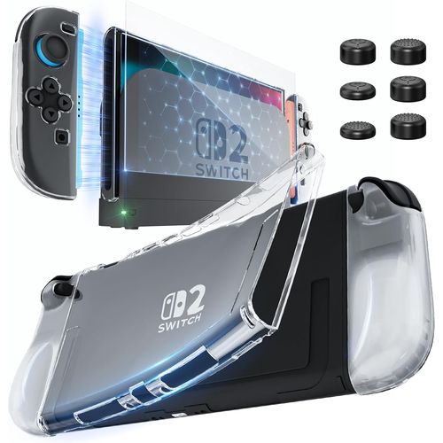 HEYSTOP Coque Compatible avec La Nintendo Switch 2, Dockable Housse de Protection Transparente en TPU Souple avec Protection D'écran Switch 2 et 6 Embouts de Pouce en Silicone pour Nintendo Switch 2