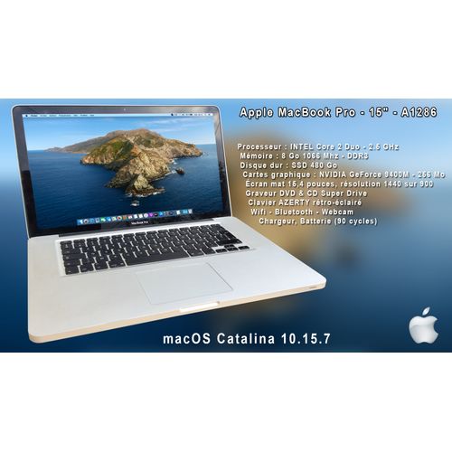 Apple MacBook Pro A1286 - 15.4" Intel Core 2 Duo - 2.5 Ghz - Ram 8 Go - SSD 480 Go