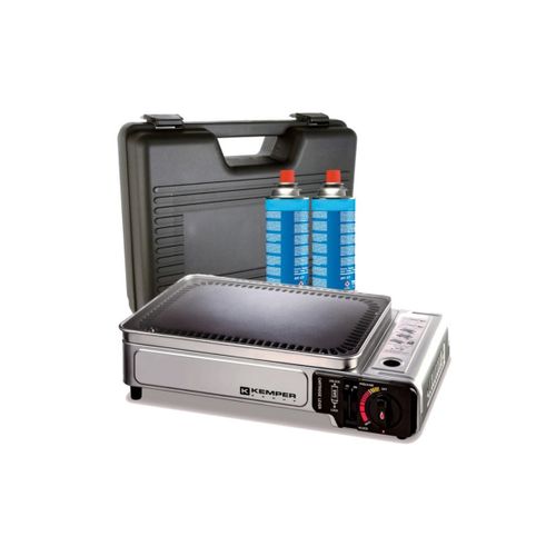 Plancha à gaz portable 2300W + 2 cartouches de gaz + Valise de transport KEMPER