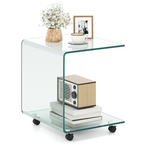 Costway Table Basse Roulette En Verre Trempé Transparente, 4 Roues , 45 X 39,5 X 48 Cm En Form U Pour Salon, Bureau, Chambre