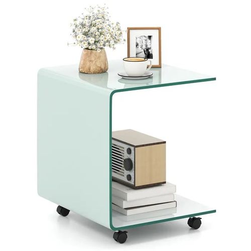 Costway Table Basse Roulette En Verre Trempé Transparente, 4 Roues , 45 X 39,5 X 48 Cm En Form U Pour Salon, Bureau, Chambre,Blanc