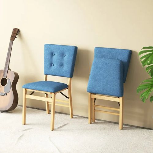 COSTWAY Lot de 2 Chaises de Salle à Manger Pliantes en Bois d¿Hévéa 46 x 53,5 x 87 cm - Assise Rembourrée & Dossier Inclinable Bleu