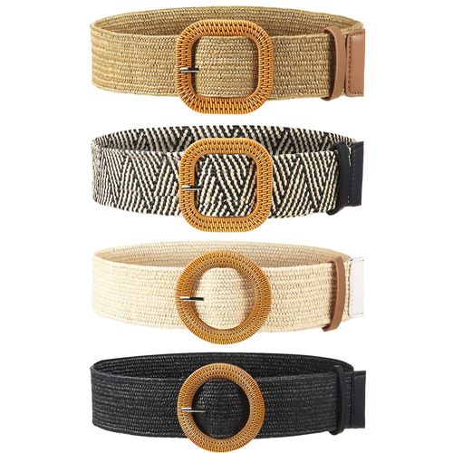 Ceintures Élastiques Paille Tissée - Lot De 20 - Boucle Bois - Style Fin Et Naturel - Taille Unique