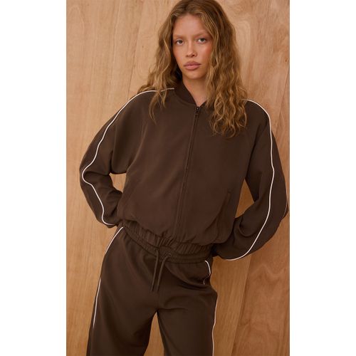 Femme Veste Bomber Chocolat À Lisérés Tricotés Contrastants | Taille Medium