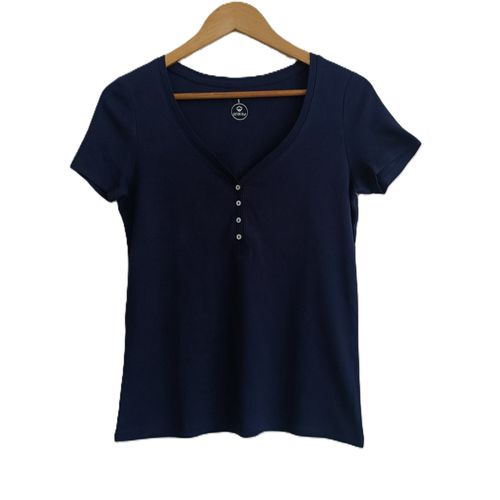T Shirt Bleu Marine. Col V. Camaieu. Coton Bio. Taille S / 36.