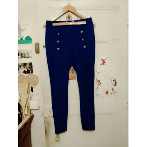 Pantalon Moulant Bleu Foncé Haut Boutonné 38 M.