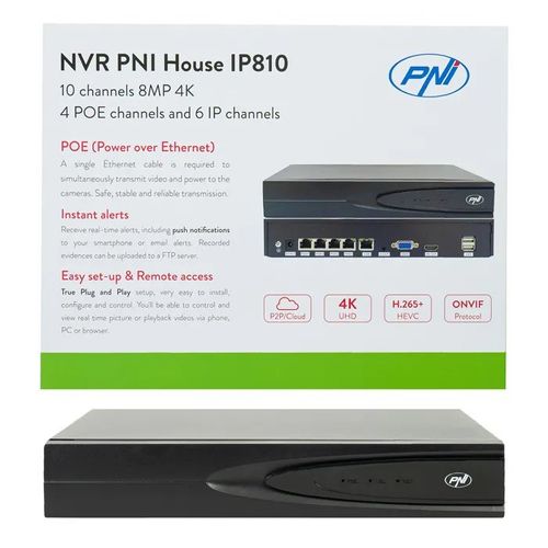 Enregistreur vidéo réseau (NVR) PoE PNI House IP810 : 10 canaux 4K 8MP, 4 canaux PoE et 6 canaux IP avec fonctions IA