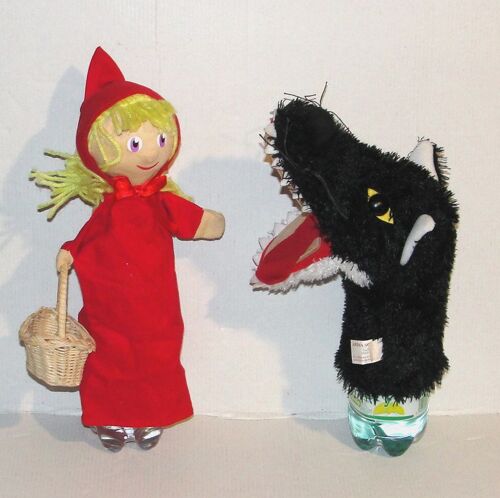 Marionnette le grand méchant loup + le petit chaperon rouge avec panier en osier sycomore lot de 2 marionnettes