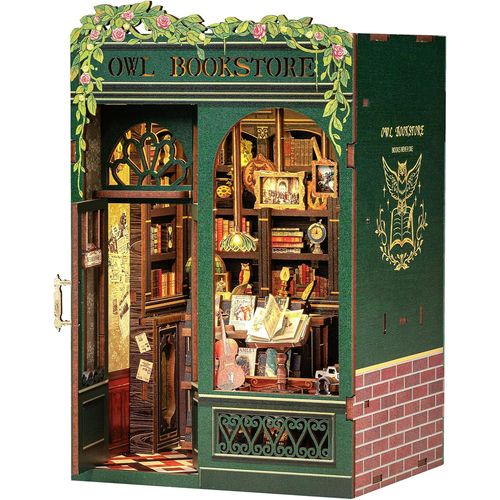 Kit Maison Miniature Diy Librairie Hibou Avec Couverture Poussiere Et Lumiere Led Pour Adultes