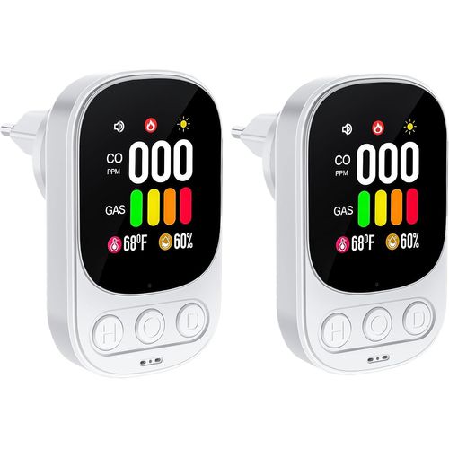 4 in 1 Plug in Detecteur Monoxyde Carbone 2-Pack (sans Piles)-Alarme de CO avec Affichage Température et Humidité pour Gaz Naturel LPG Méthane Propane Butane-Norme en 50291-Alarme 85 DB-Blanc