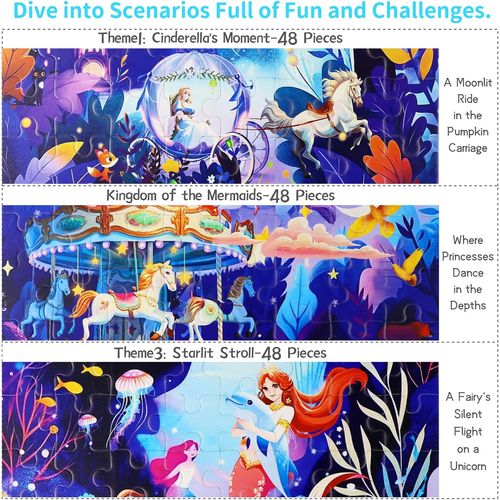 Puzzles Enfants 5-8 Ans 3 * 48 PCS Themes Princesse Magnetiques Voyage Cadeau Filles 6-8 Ans