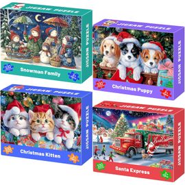 Puzzles 100 Pieces Enfants 4-10 Ans, 4 Pack Noel Chat Chien Bonhomme de Neige Pere Noel, Jouets Educatifs Cadeaux Festifs