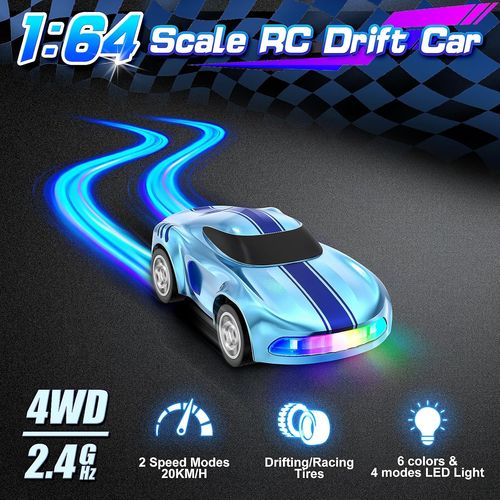 Voiture Rc Drift Mini 1/64 4wd Avec Led Et Vitesse Variable, Ideal Cadeau Anniversaire Enfants Adultes Garcons 6-12 Ans, Bleu