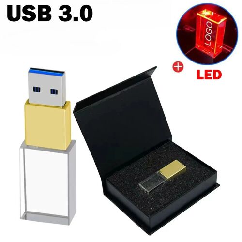 Clé USB Crystal 3.0 haute vitesse 128 Go clé USB 64 Go avec boîte noire clé mémoire 32 Go 16 Go 4 Go cadeaux de mariage créatifs Logo 64 Go gold -black box