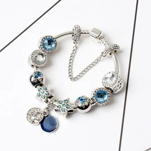 Bracelet - Pandora - 18cm - Argent Sterling 925 - Pendentif Coeur - Perles De Verre Bleu