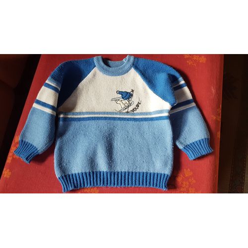 Pull Bleu Et Blanc Avec Dessin D'Un Skieur Maladroit - 4/5 Ans