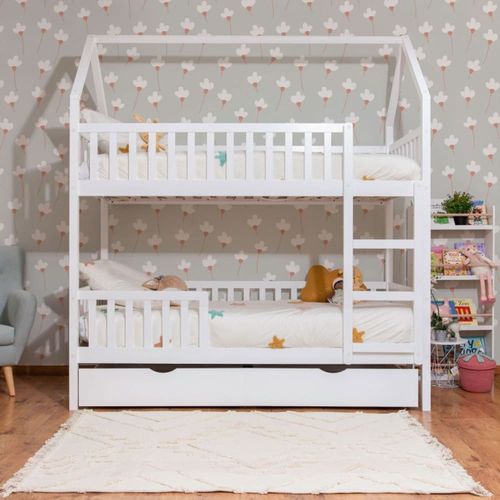 Lit superposé cabane + lit tiroir bois blanc 90x190/90x190cm