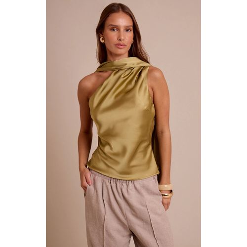 Femme Top Asymétrique Satiné Vert Olive À Détail Foulard | Taille 32