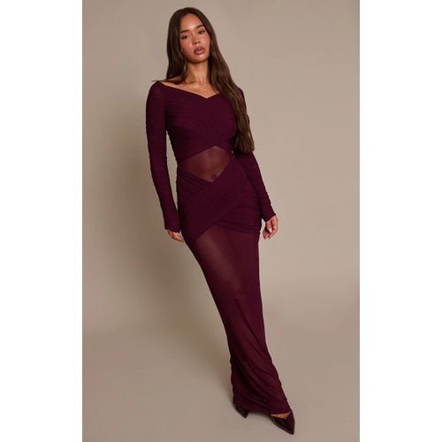 Femme Robe Longue En Mesh Prune Froncée À Col Bardot Et Parties Superposées | Taille 38