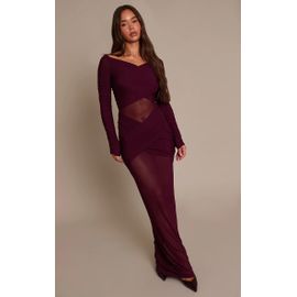 Femme Robe Longue En Mesh Prune Froncée À Col Bardot Et Parties Superposées | Taille 38