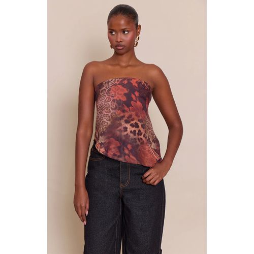 Femme Top Bustier En Mousseline De Soie Marron Imprimé Animal Abstrait | Taille 34