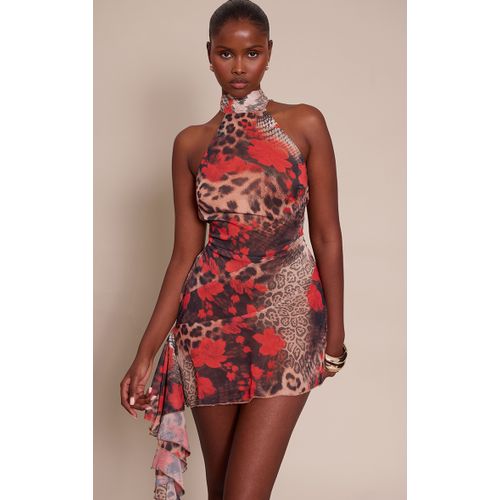 Femme Robe Droite En Mousseline De Soie Léopard À Dos Nu Et Volants | Taille 36