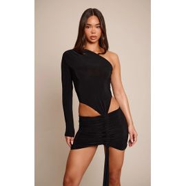 Femme Robe Moulante Noire Froncée À Manche Longue Et Découpes | Taille 34