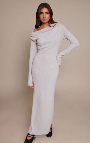 Femme Robe Mi-Longue Côtelée Brossée Gris Clair Froncée À Manches Longues | Taille 40