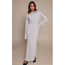 Femme Robe Mi-Longue Côtelée Brossée Gris Clair Froncée À Manches Longues | Taille 34