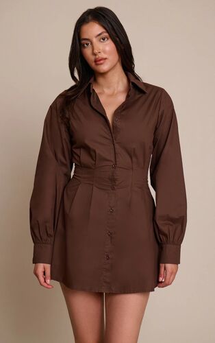 Femme Robe Chemise En Popeline De Coton Chocolat À Taille Cintrée | Taille 38