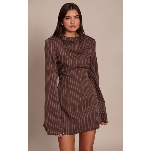 Femme Mini Robe Structurée Chocolat Finement Rayée À Col Bateau Et Manches Longues | Taille 32