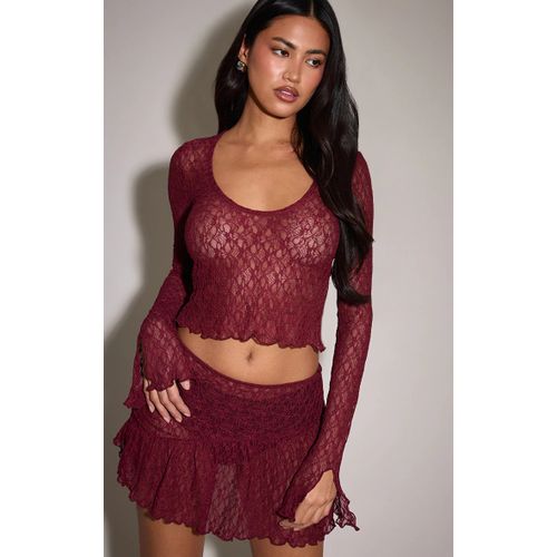 Femme Crop Top En Dentelle Rouge Vin À Manches Flûtes | Taille 36