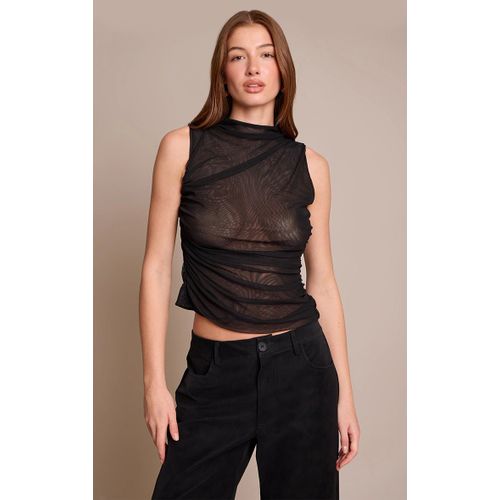 Femme Top Long En Mesh Noir Transparent Froncé À Col Montant | Taille 42