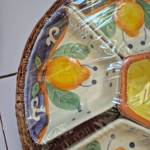 Corbeille Apéritif 6 Raviers Céramique ¿ Motif Citron, Panier Osier